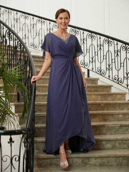 Aimishang A-Line/Princess Chiffon Beading V-neck Short Sleeves Asymmetrical Mother of the Bride Dresses
