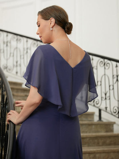 Aimishang A-Line/Princess Chiffon Beading V-neck Short Sleeves Asymmetrical Mother of the Bride Dresses