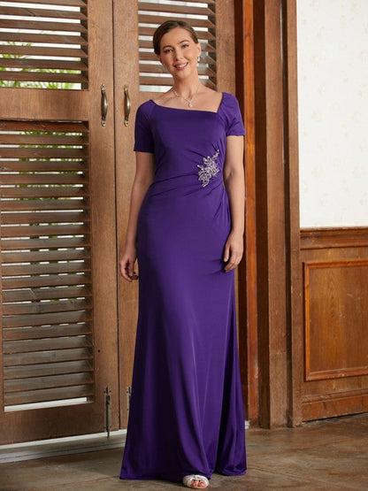 Aimishang Sheath/Column Jersey Beading Square Short Sleeves Floor-Length Mother of the Bride Dresses