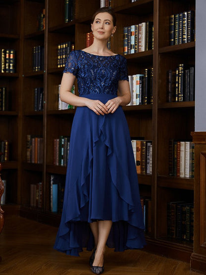 Aimishang A-Line/Princess Chiffon Applique Bateau Short Sleeves Asymmetrical Mother of the Bride Dresses