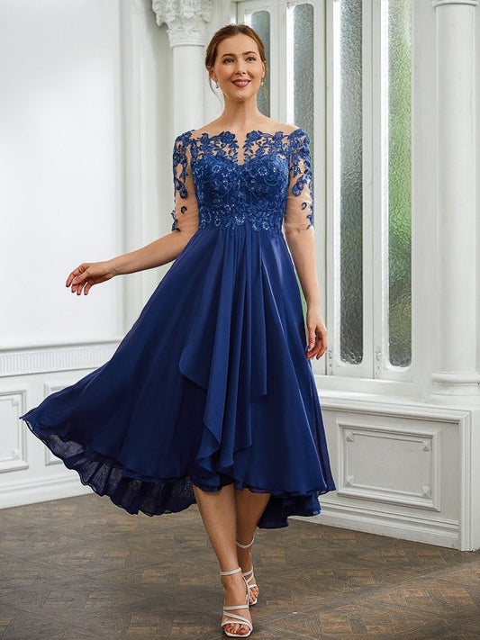 Aimishang A-Line/Princess Chiffon Applique Bateau 1/2 Sleeves Tea-Length Mother of the Bride Dresses