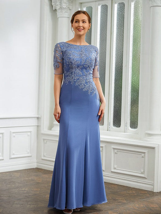 Aimishang Sheath/Column Chiffon Applique Bateau Short Sleeves Floor-Length Mother of the Bride Dresses