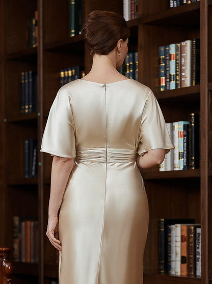 Aimishang Sheath/Column Woven Satin Ruched Scoop Short Sleeves Tea-Length Mother of the Bride Dresses