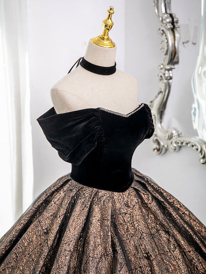 A-Line Off Shoulder Tulle Black Long Prom Dress, Black Long Formal Dress