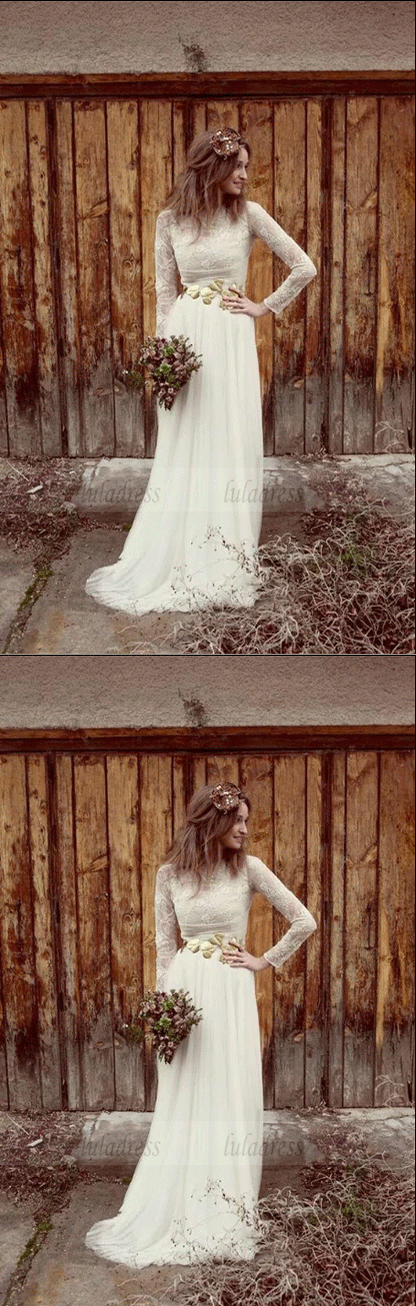 Long Sleeve Lace Appliques White Wedding Dresses