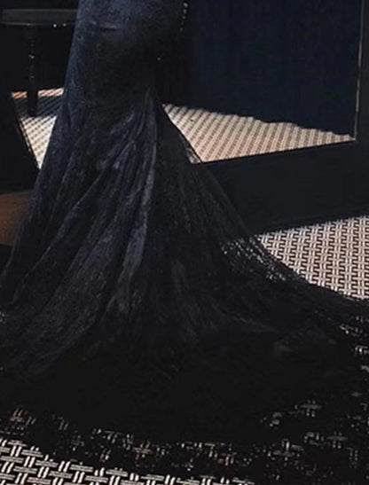 Mermaid / Trumpet Evening Gown Maxi Dress Formal Wedding Party Chapel Train Long Sleeve Off Shoulder Lace with Buttons Appliques