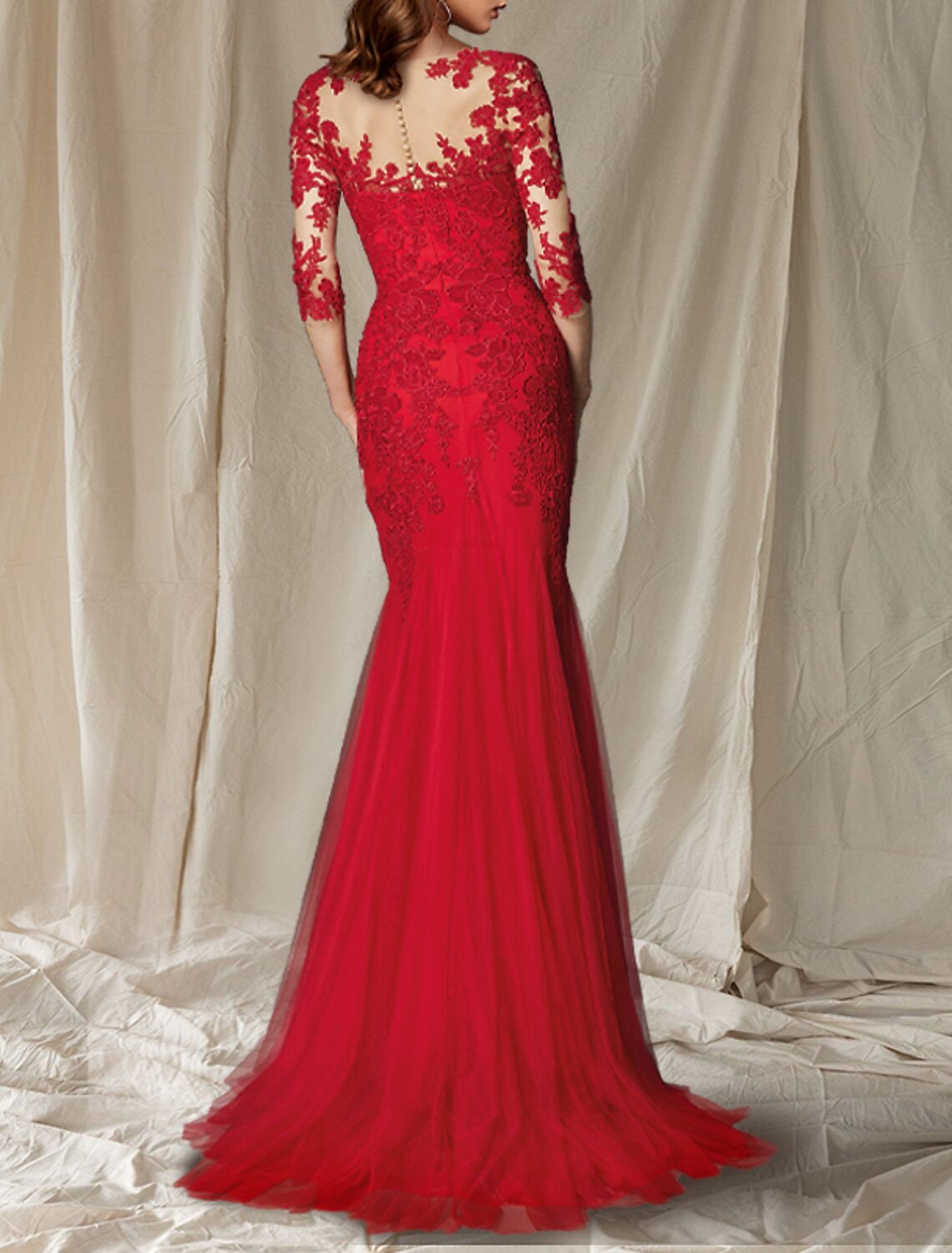 Aimishang  Mermaid / Trumpet Mother of the Bride Dress Luxurious Elegant V Neck Sweep / Brush Train Lace Tulle Half Sleeve with Pleats Appliques