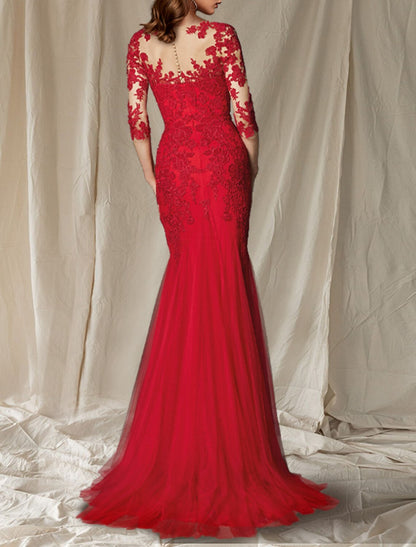 Aimishang  Mermaid / Trumpet Mother of the Bride Dress Luxurious Elegant V Neck Sweep / Brush Train Lace Tulle Half Sleeve with Pleats Appliques