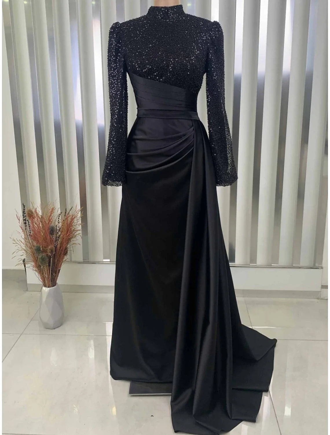 Aimishang A-Line Evening Gown Champagne Christmas Elegant Dress Formal Sweep / Brush Train Long Sleeve High Neck Satin with Glitter Pleats Ruched
