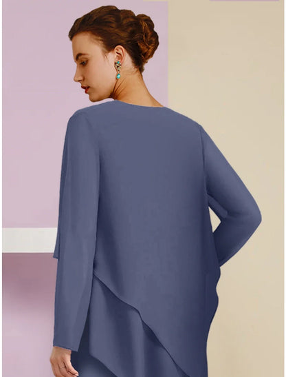 Aimishang  A-Line Mother of the Bride Dress Wedding Guest Elegant Square Neck Ankle Length Chiffon Long Sleeve with Crystal Brooch Ruching