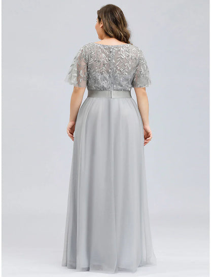 DingjiA-Line Prom Dresses Plus Size Dress Wedding Guest Prom Floor Length Short Sleeve Jewel Neck Bridesmaid Dress Chiffon with Appliques