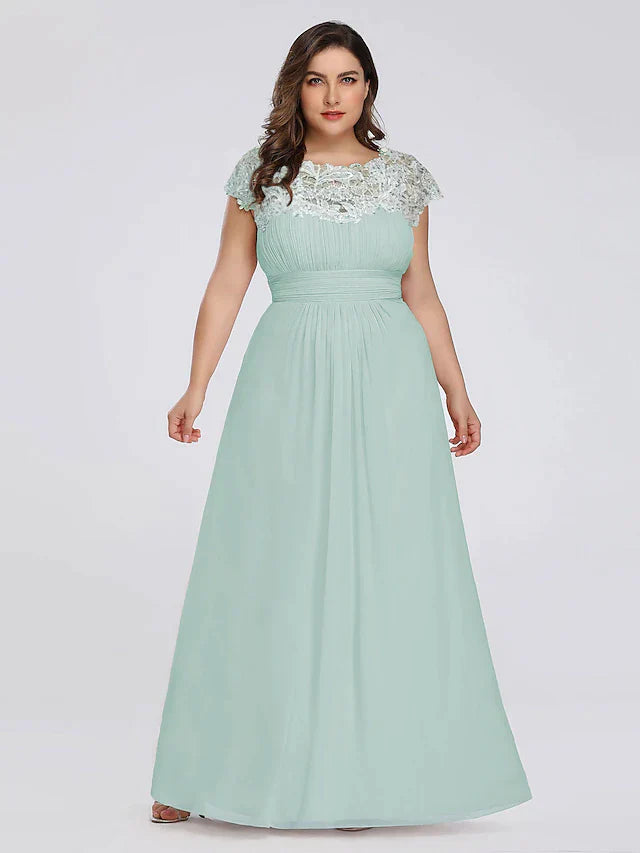 A-Line Mother of the Bride Dress Plus Size Jewel Neck Floor Length Chiffon Short Sleeve with Lace Ruching