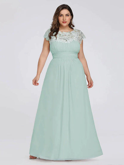 A-Line Mother of the Bride Dress Plus Size Jewel Neck Floor Length Chiffon Short Sleeve with Lace Ruching
