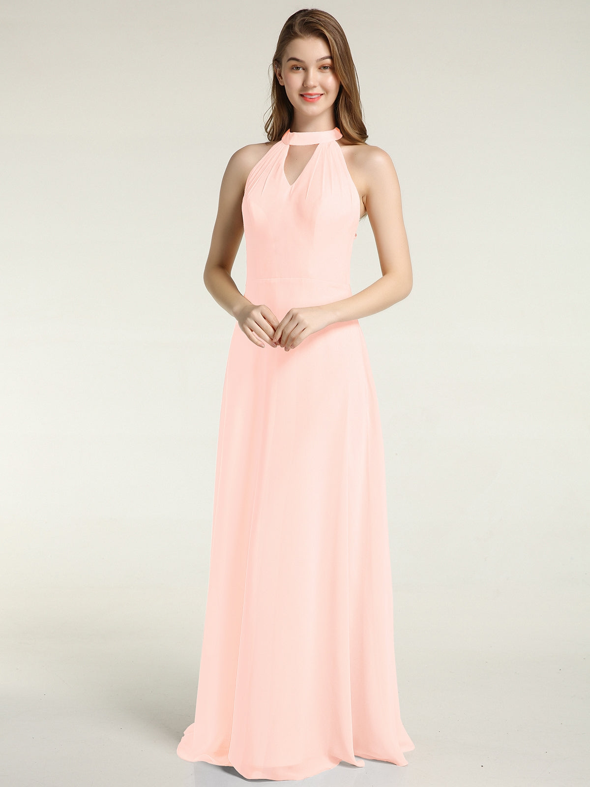 Halter Chiffon Long Bridesmaid Gowns with Low Back-Pearl Pink
