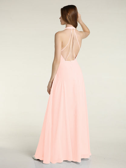 Halter Chiffon Long Bridesmaid Gowns with Low Back-Pearl Pink