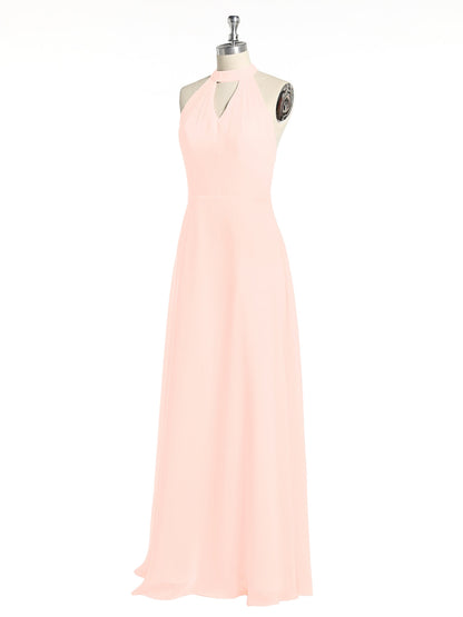 Halter Chiffon Long Bridesmaid Gowns with Low Back-Pearl Pink