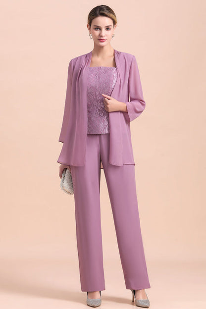Three Pieces Mother of the Bride Dresses Lilac Chiffon Wedding Wear Outfits