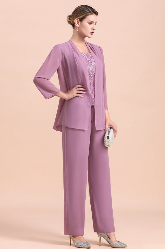 Three Pieces Mother of the Bride Dresses Lilac Chiffon Wedding Wear Outfits