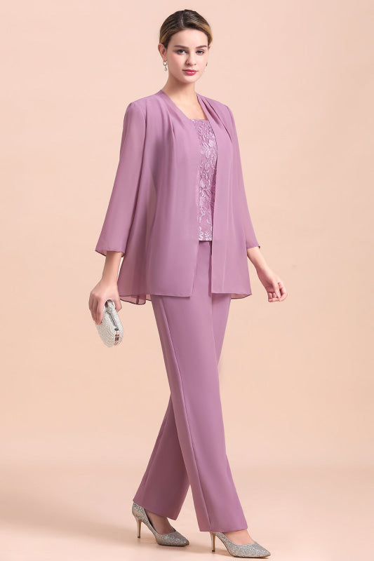 Three Pieces Mother of the Bride Dresses Lilac Chiffon Wedding Wear Outfits