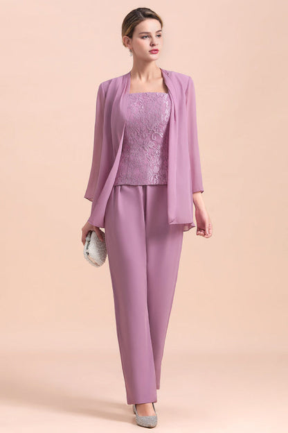Three Pieces Mother of the Bride Dresses Lilac Chiffon Wedding Wear Outfits