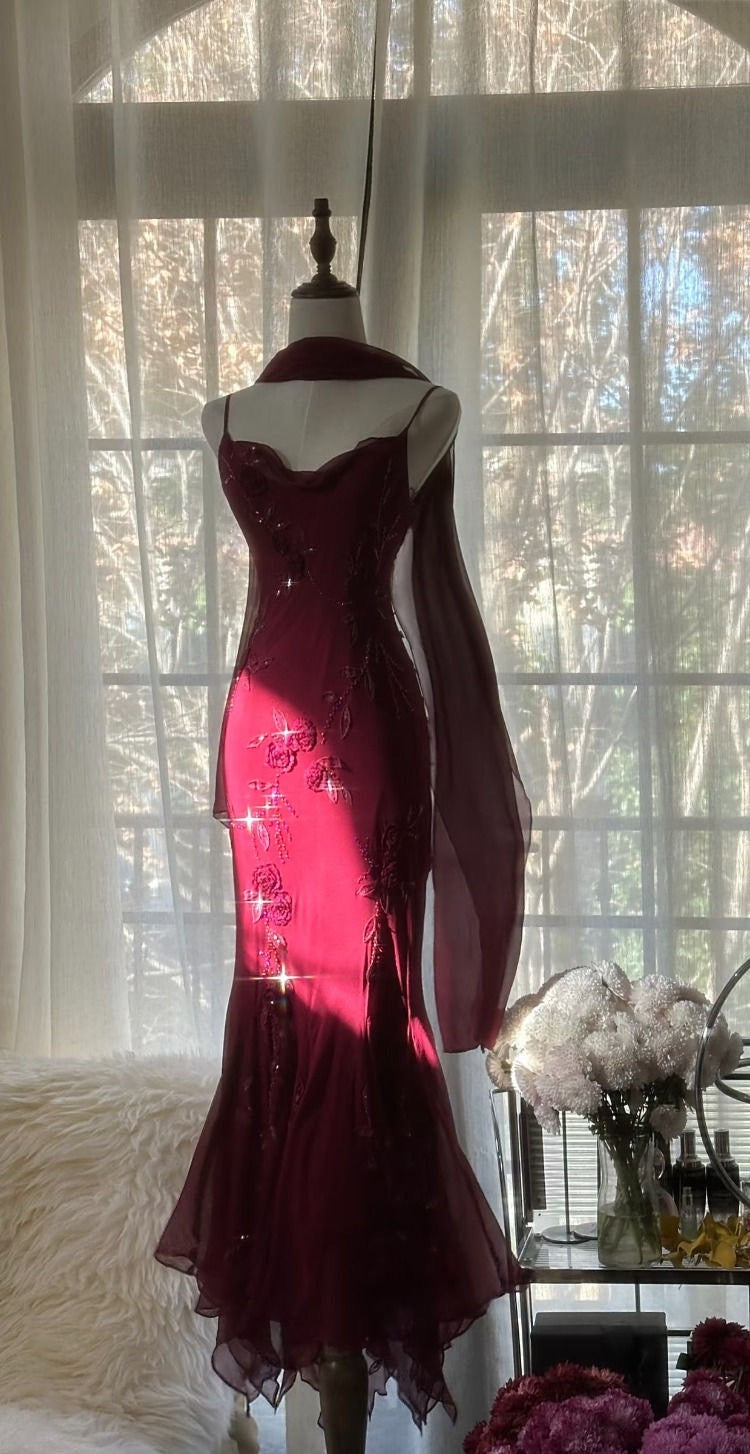 Red floral beading elegant long chiffon ball gown evening dress party dress gh4761