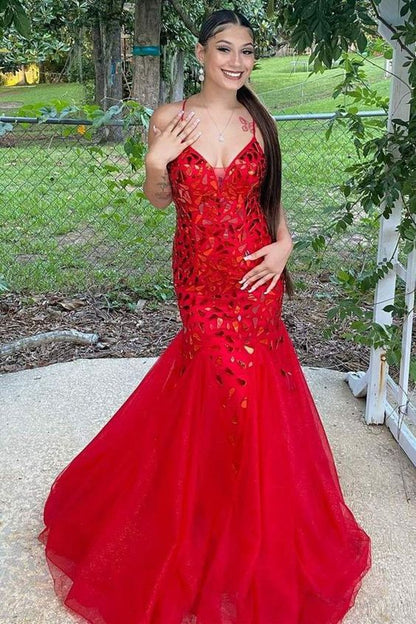 Straps Trumpet Red Sequins Long Prom Dress  C696
