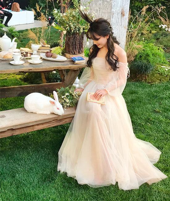 Champagne tulle long prom dress, champagne tulle evening dress  C1608