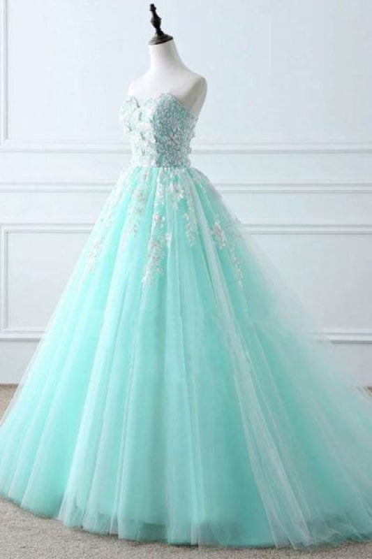 Tiffany Blue Sweetheart Puffy Tulle Prom with Lace Appliques Long Graduation Dress