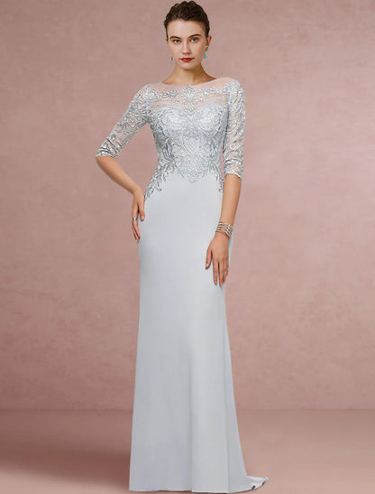 Aimishang Sheath / Column Mother of the Bride Dress Wedding Guest Vintage Elegant Scoop Neck Sweep / Brush Train Chiffon Lace Half Sleeve with Sequin