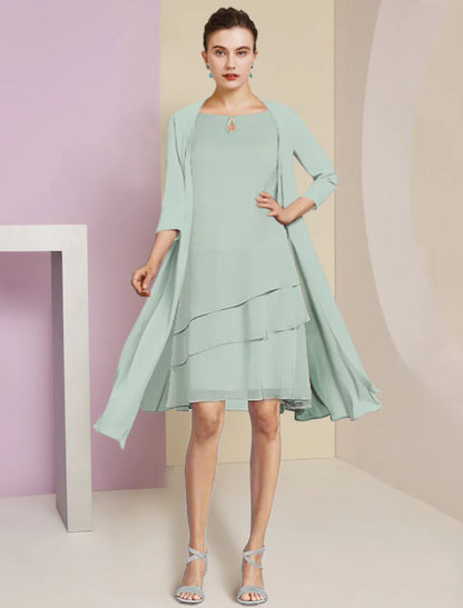 Aimishang  Two Piece A-Line Mother of the Bride Dress Formal Wedding Guest Elegant Scoop Neck Knee Length Chiffon 3/4 Length Sleeve with Tier