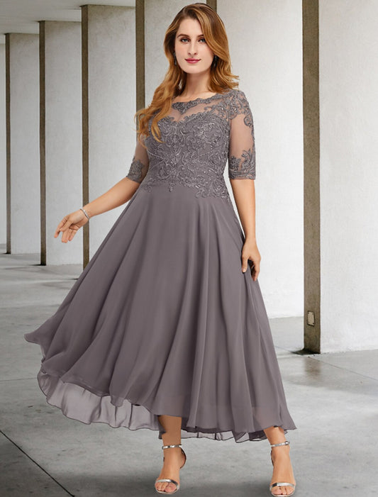 Aimishang A-Line Mother of the Bride Dresses Plus Size Hide Belly Curve Elegant Dress Formal Asymmetrical Half Sleeve Jewel Neck Chiffon with Beading Appliques
