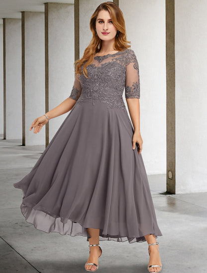 Aimishang A-Line Mother of the Bride Dresses Plus Size Hide Belly Curve Elegant Dress Formal Asymmetrical Half Sleeve Jewel Neck Chiffon with Beading Appliques