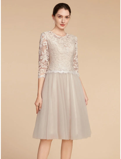 Aimishang A-Line Mother of the Bride Dress Wedding Guest Elegant Petite Jewel Neck Knee Length Lace Tulle Half Sleeve with Pleats Solid Color
