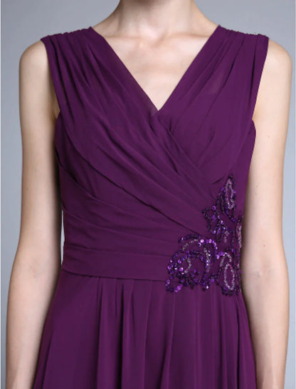 Sheath / Column Mother of the Bride Dress Elegant V Neck Floor Length Chiffon Sleeveless No with Criss Cross Sequin