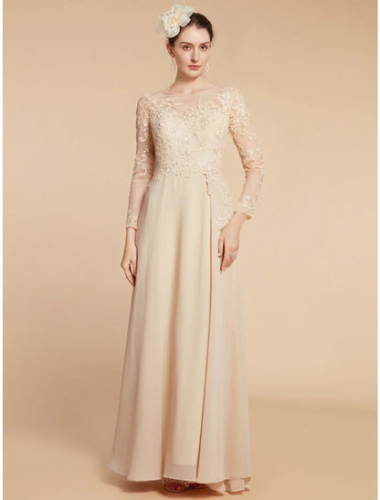Aimishang  A-Line Mother of the Bride Dress Wedding Guest Elegant Jewel Neck Ankle Length Chiffon Lace Long Sleeve with Ruching Solid Color