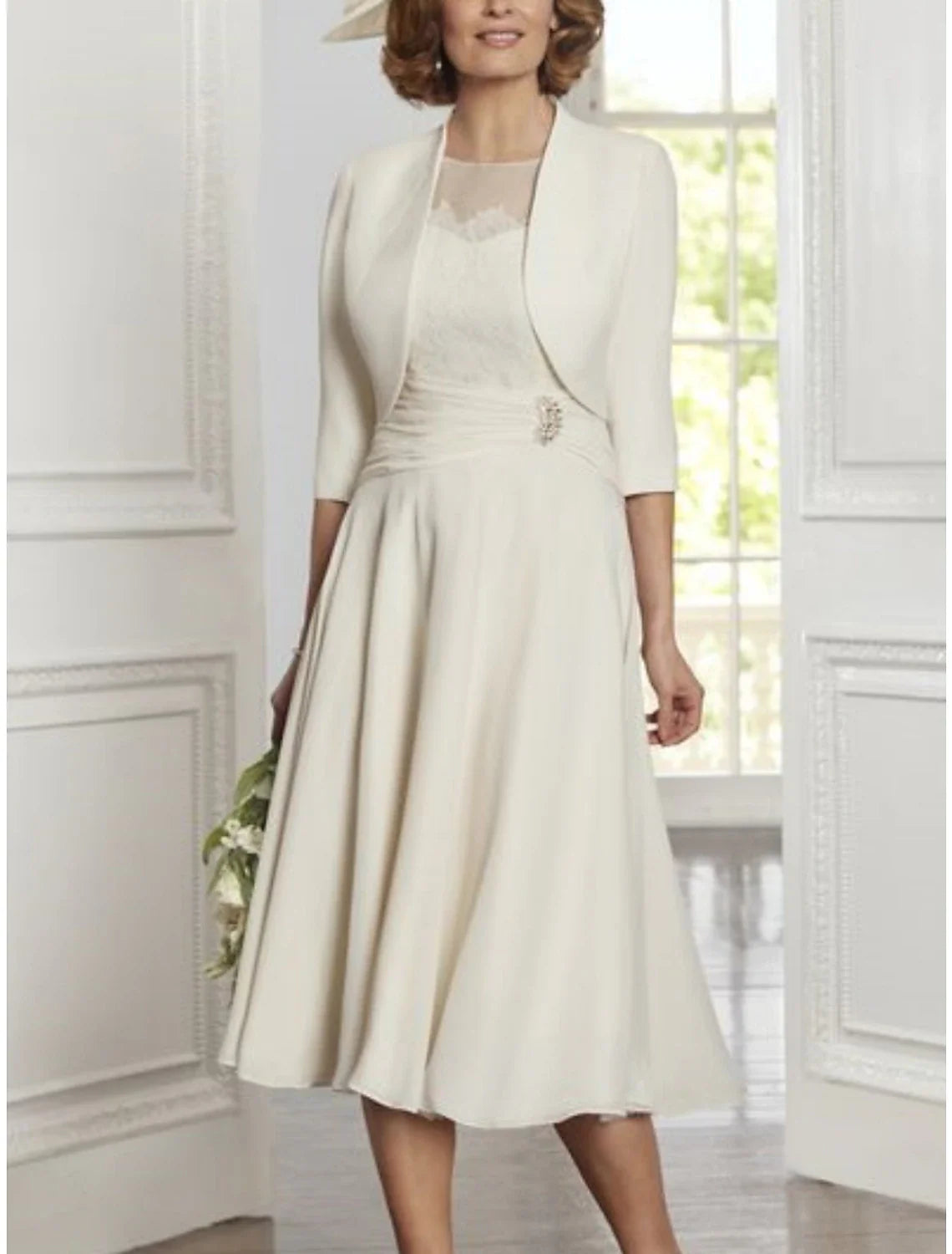 Two Piece A-Line Mother of the Bride Dress Elegant Party Scoop Neck Tea Length Lace  Chiffon 3/4 Length Sleeve with Pleats Crystals