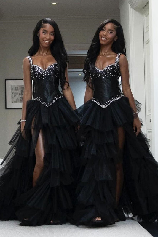 Trendy Black Tulle Side Slit Crystal Straps Prom Dress