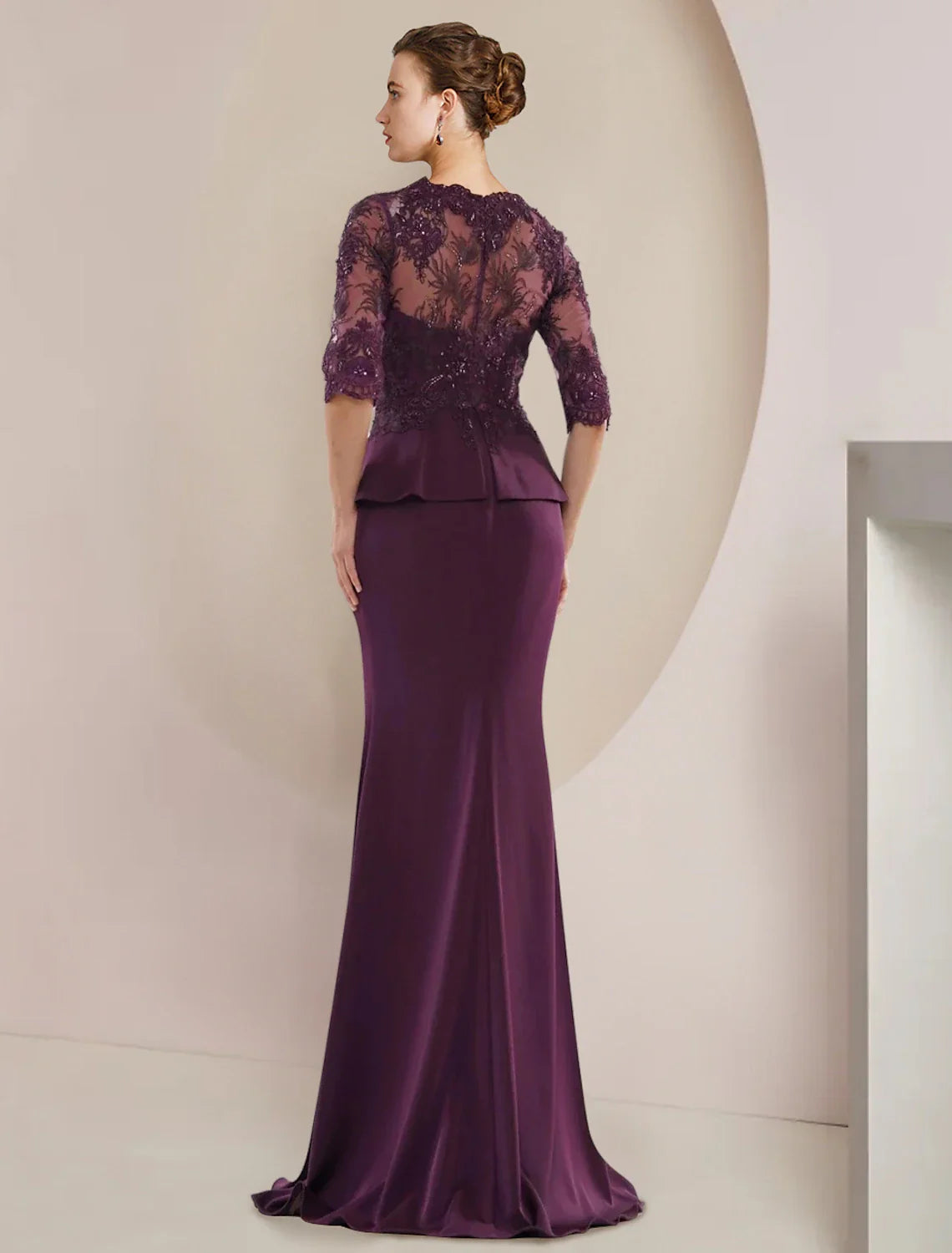 Aimishang  Mermaid / Trumpet Mother of the Bride Dress Formal Wedding Guest Luxurious Elegant V Neck Floor Length Lace Stretch Chiffon Half Sleeve with Beading Ruffles Appliques