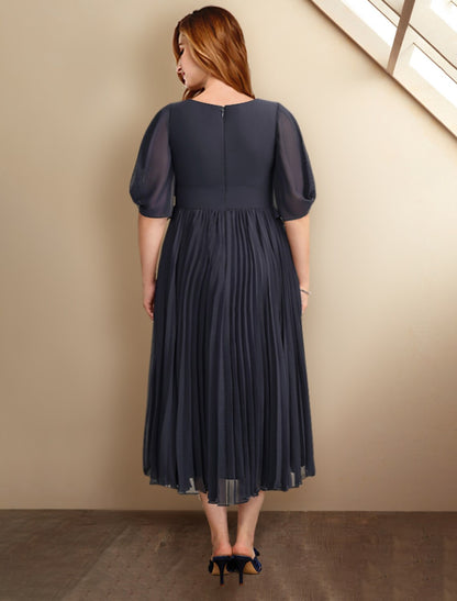 Aimishang A-Line Mother of the Bride Dresses Plus Size Hide Belly Curve Elegant Dress Formal Tea Length Short Sleeve V Neck Chiffon with Pleats