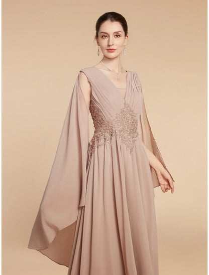 Aimishang  A-Line Mother of the Bride Dress Wedding Guest Elegant V Neck Ankle Length Chiffon Lace Sleeveless with Ruching Solid Color