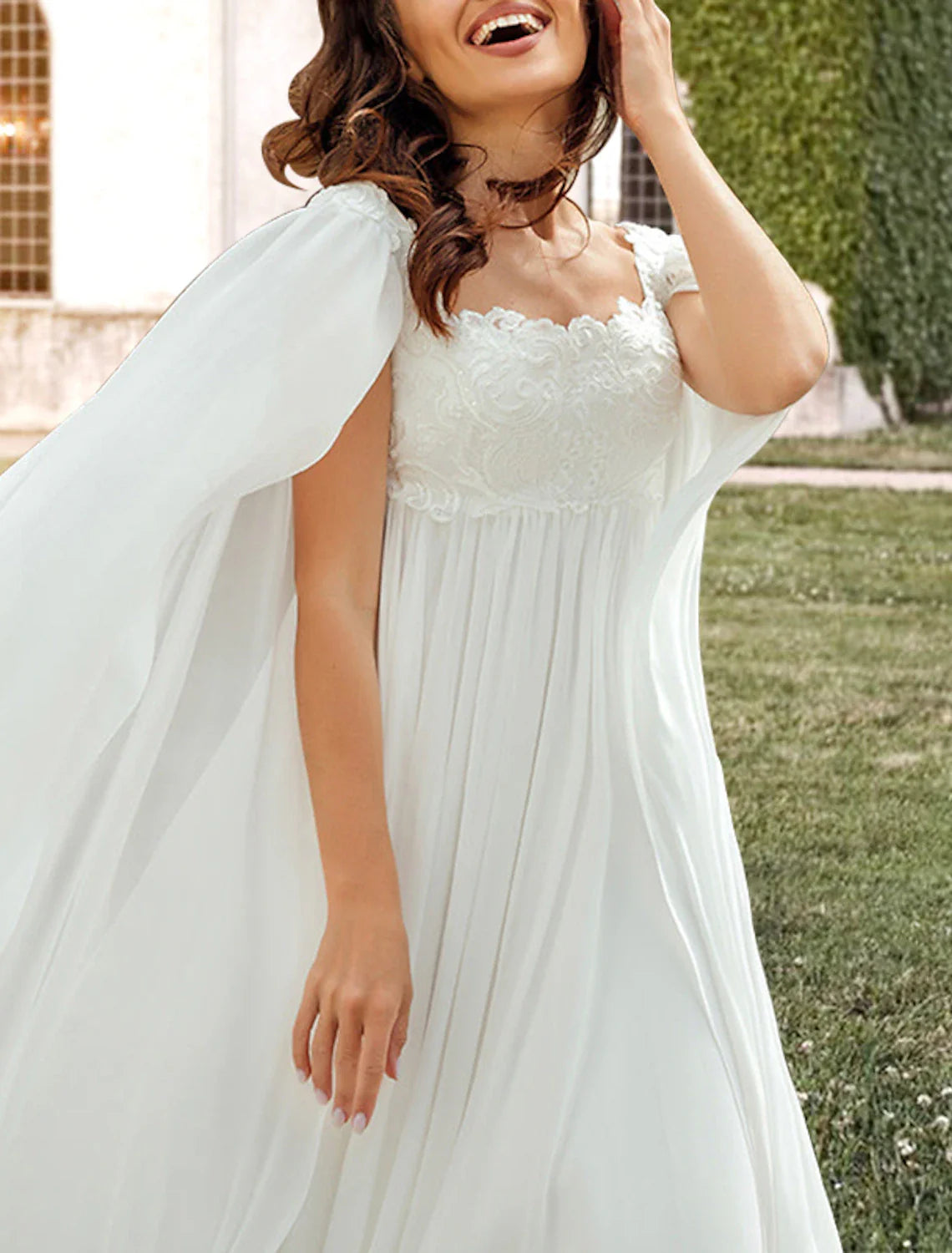 Aimishang Hall Casual Wedding Dresses A-Line Square Neck Sleeveless Sweep / Brush Train Chiffon Bridal Gowns With Pleats Appliques
