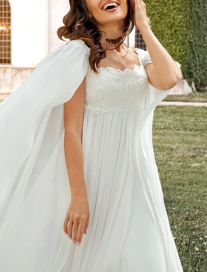 Aimishang Hall Casual Wedding Dresses A-Line Square Neck Sleeveless Sweep / Brush Train Chiffon Bridal Gowns With Pleats Appliques