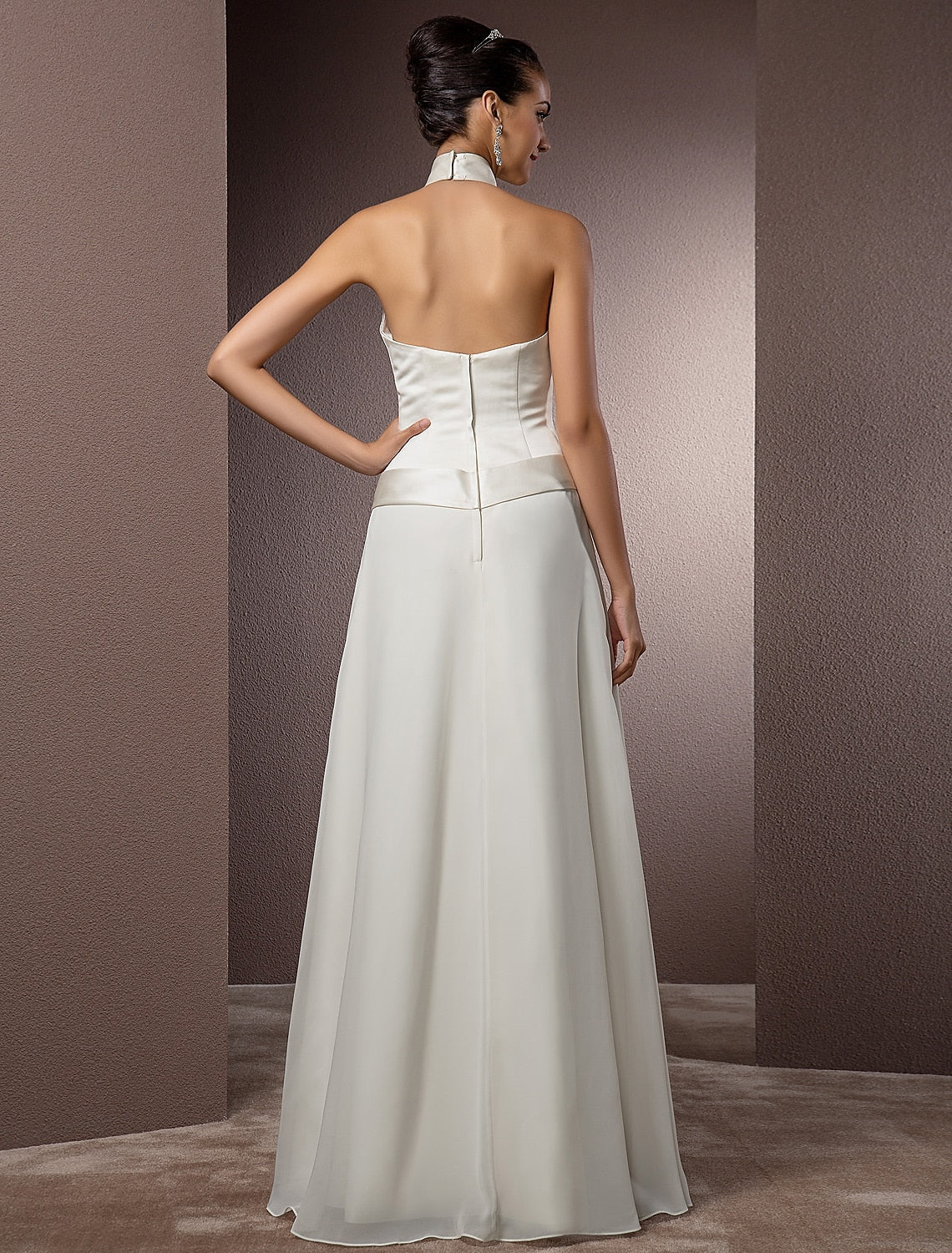 Hall Wedding Dresses Sheath / Column Halter Sleeveless Floor Length Satin Bridal Gowns With Sash / Ribbon  Summer Wedding Party  Women's Clothing