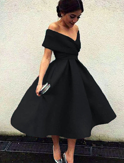 A-Line Cocktail Dresses 1950s Dress Wedding Guest Christmas Red Green Dress Tea Length Short Sleeve V Neck  Fabric V Back with Pleats