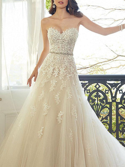 Tulle A Line Sweetheat Sleeveless Floor Length Lace Appliqued Bridal Gowns With Train