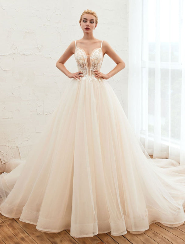 Tulle A Line Wedding Dress V Neck Sleeveless Bridal Gowns