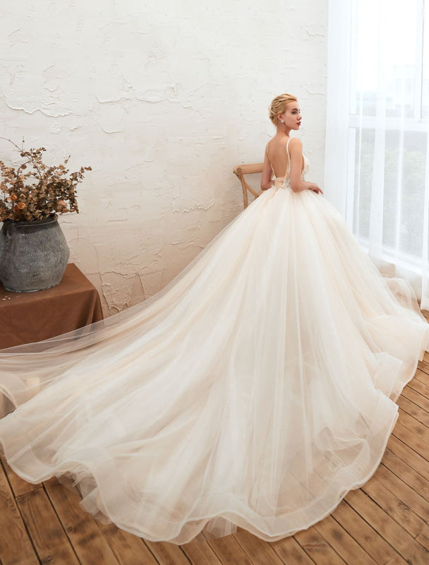 Tulle A Line Wedding Dress V Neck Sleeveless Bridal Gowns