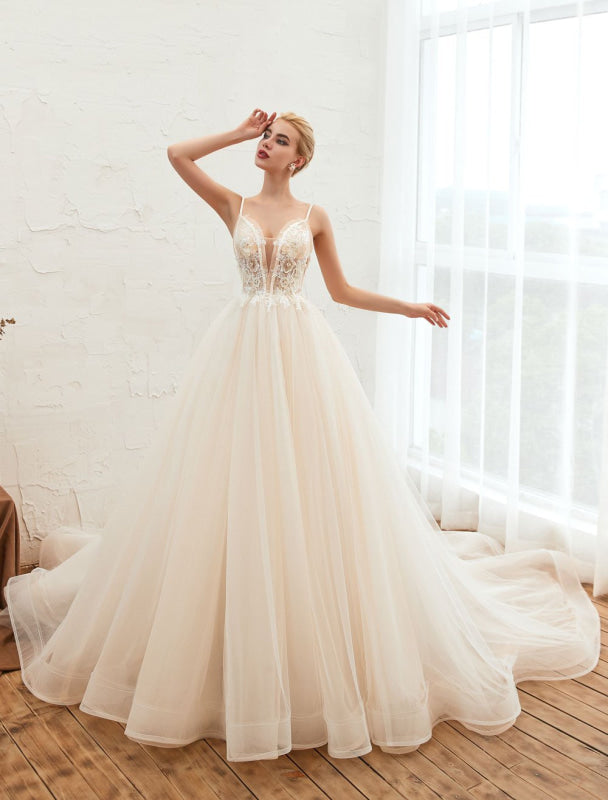 Tulle A Line Wedding Dress V Neck Sleeveless Bridal Gowns