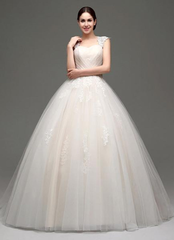 Tulle Cap Sleeves Keyhole Back Princess Wedding Dress With Bow And Rhinestone Sash
