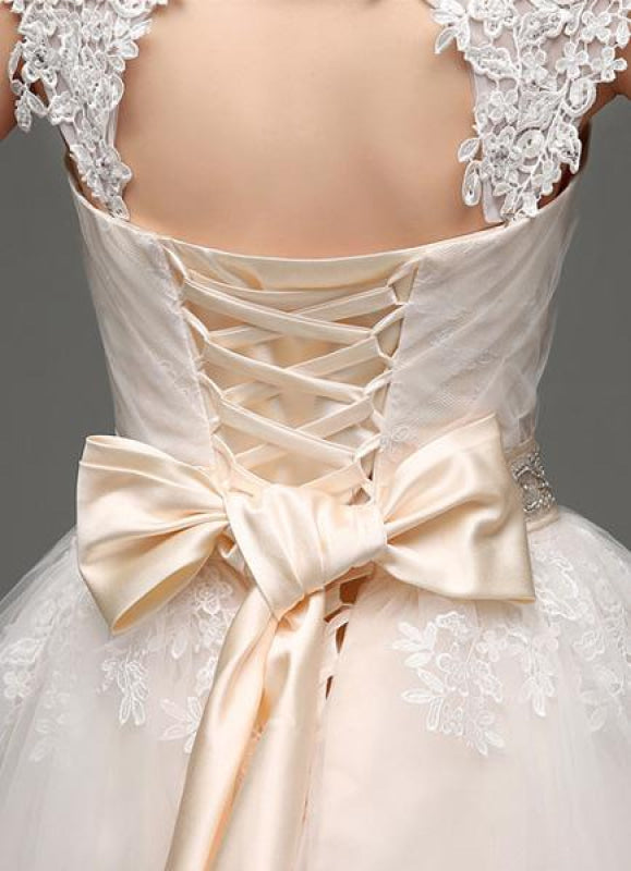 Tulle Cap Sleeves Keyhole Back Princess Wedding Dress With Bow And Rhinestone Sash